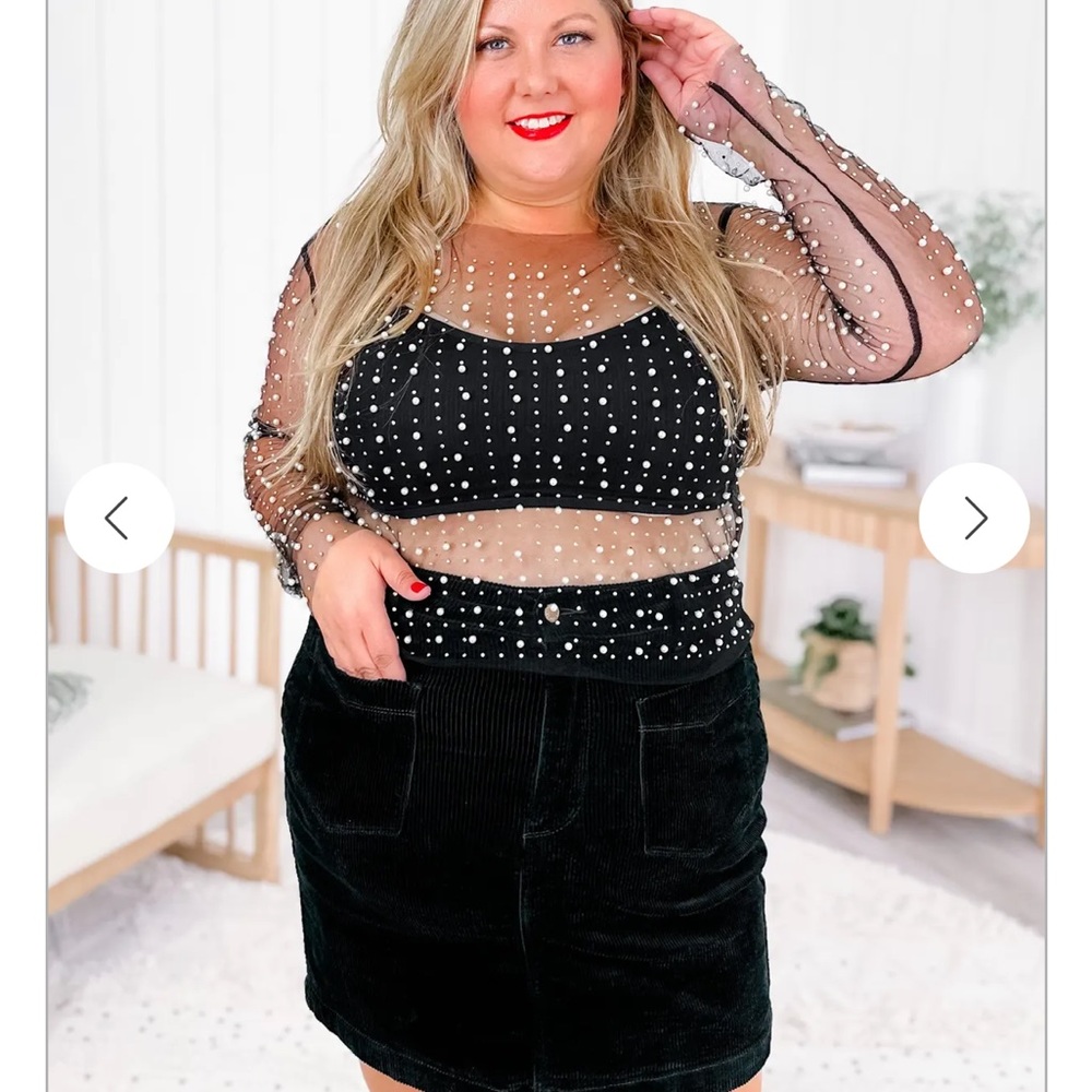 Mesh rhinestone and Pearl shirt